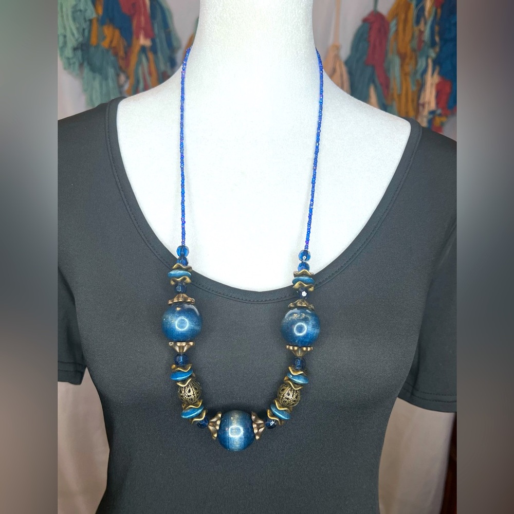 Marysol Blue Wood Bead Neclace With Dark Brass Colored Separators